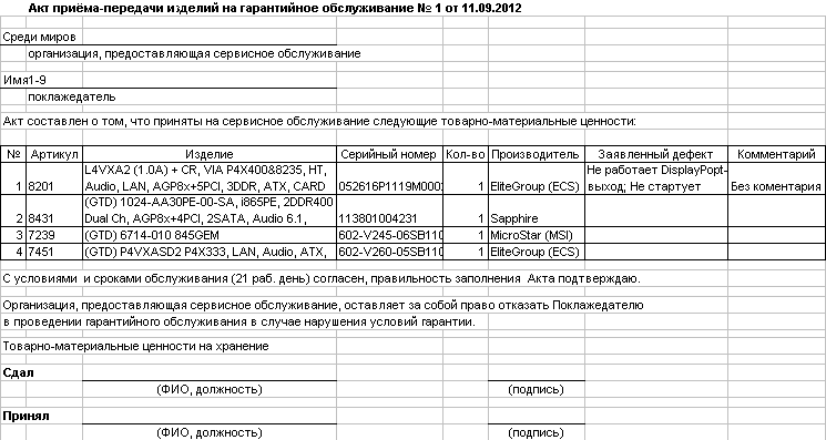 Акт приема передачи оборудования из ремонта образец