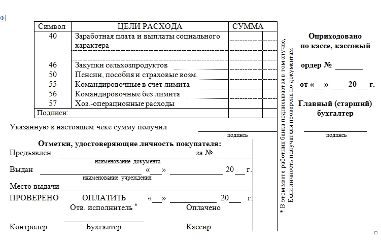 Образец чека на получение денег с расчетного счета