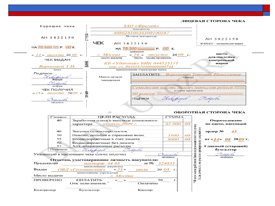 Денежный чек образец пустой