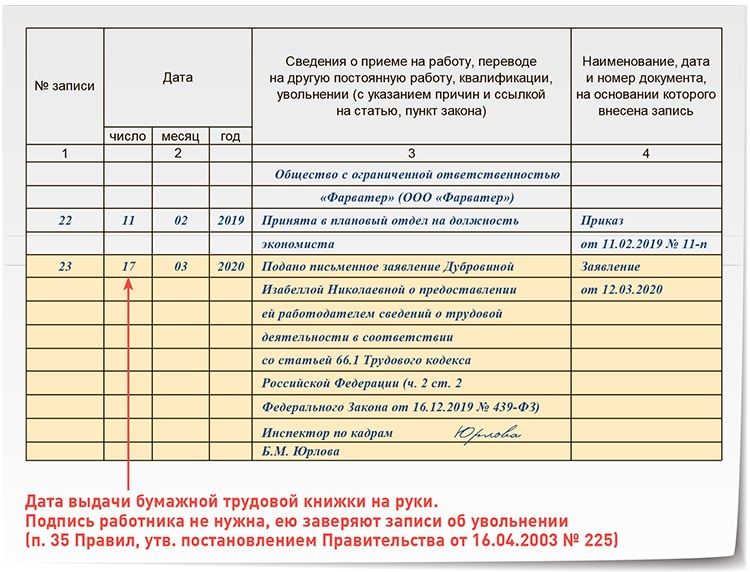 Образец электронной трудовой книжки