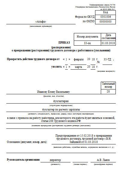 Образец приказ об увольнении совместителя